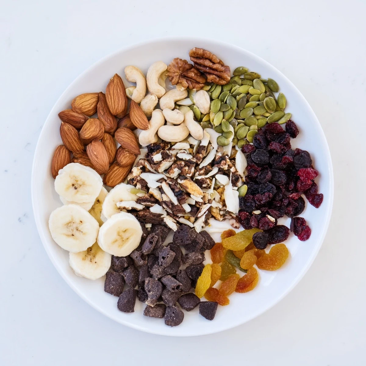 A close-up of homemade Trail Mix Custom with almonds, cashews, dark chocolate chips, and dried cranberries in a rustic bowl.