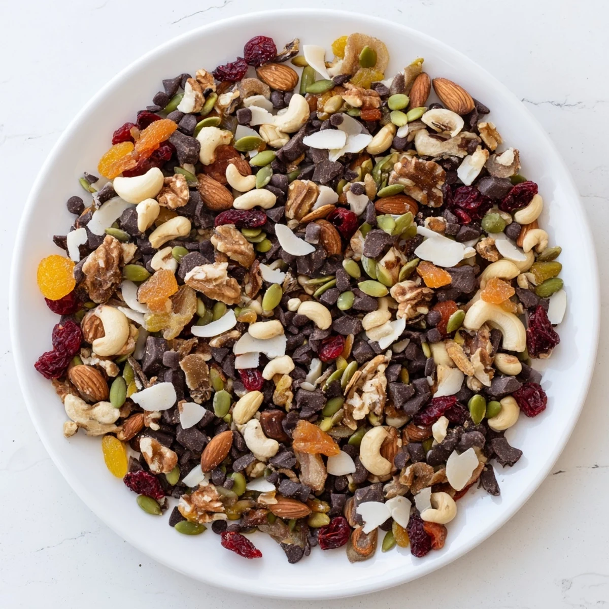 Colorful Trail Mix Custom blend of walnuts, pumpkin seeds, dried apricots, and raisins ready for on-the-go snacking in a jar.