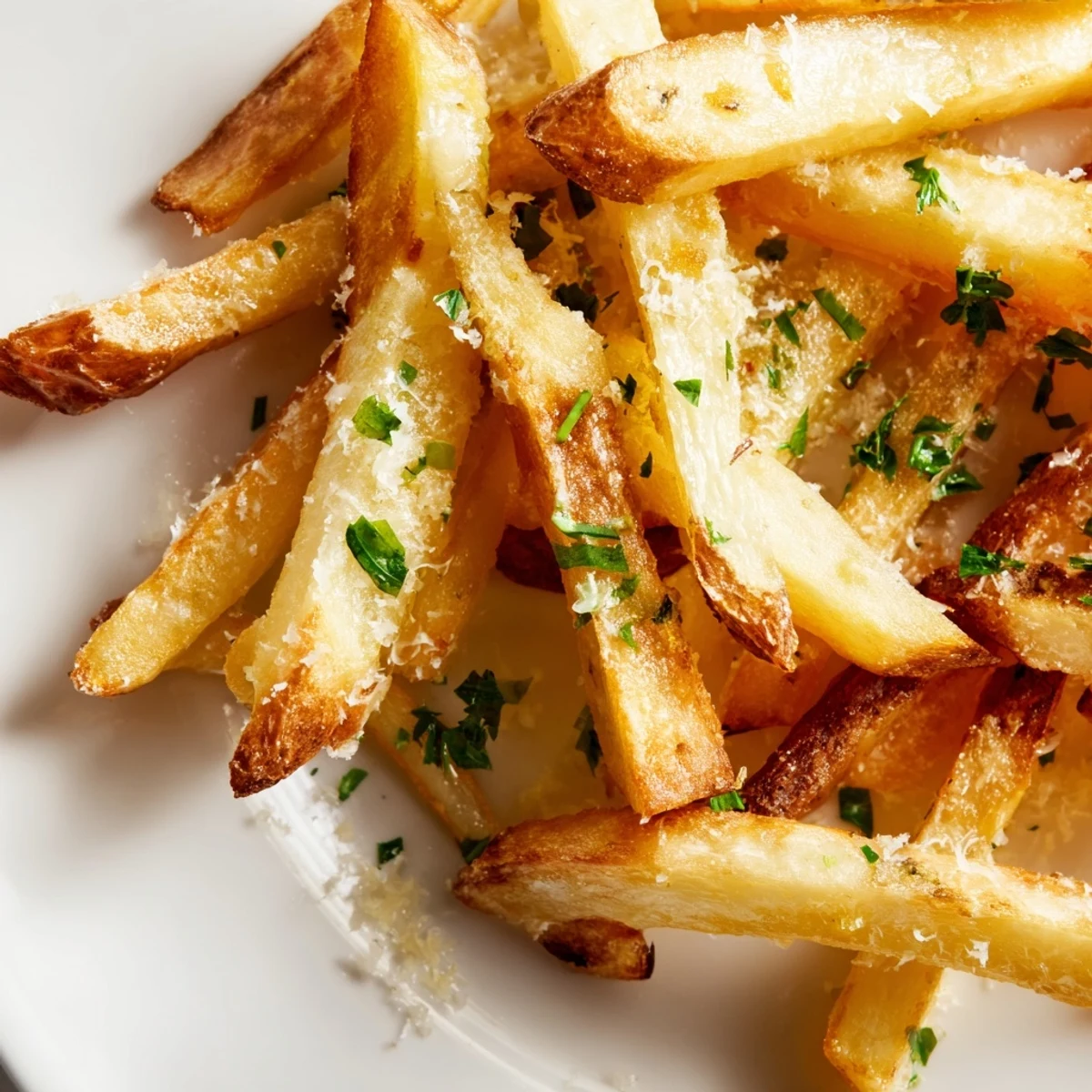 Golden Truffle Parmesan Fries piled high on a rustic platter, garnished with fresh parsley and a light dusting of grated cheese.