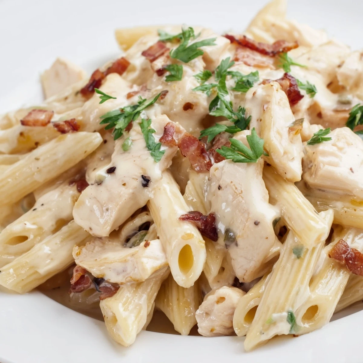 Creamy Chicken Bacon Penne pasta tossed in a rich garlic-Parmesan sauce, topped with crispy bacon bits and fresh parsley garnish.