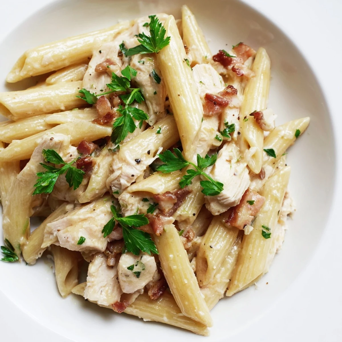 This hearty Creamy Chicken Bacon Penne features golden sautéed chicken and smoky bacon in a velvety cream sauce.