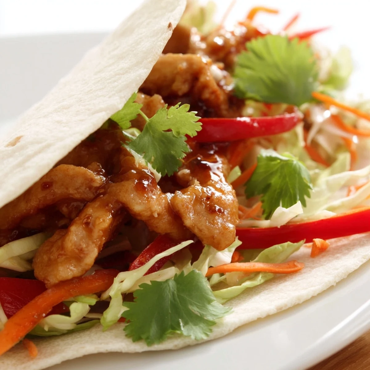 Warm flour tortilla wrapped around golden, honey-sriracha glazed chicken strips, layered with crisp lettuce and colorful bell peppers.