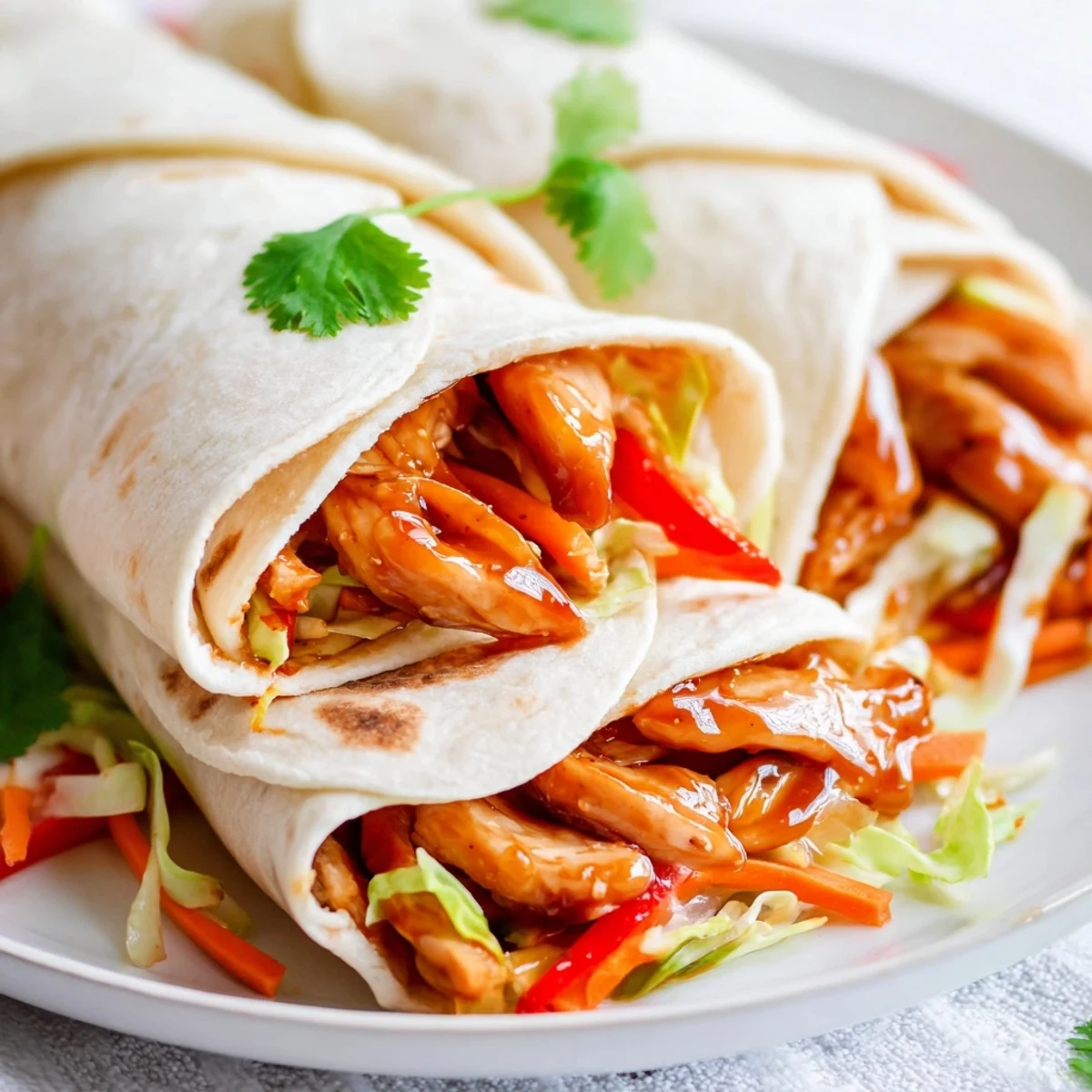 A close-up of a sliced Honey Sriracha Chicken Wrap showing tender glazed meat, crunchy vegetables, and optional creamy mayo drizzle.
