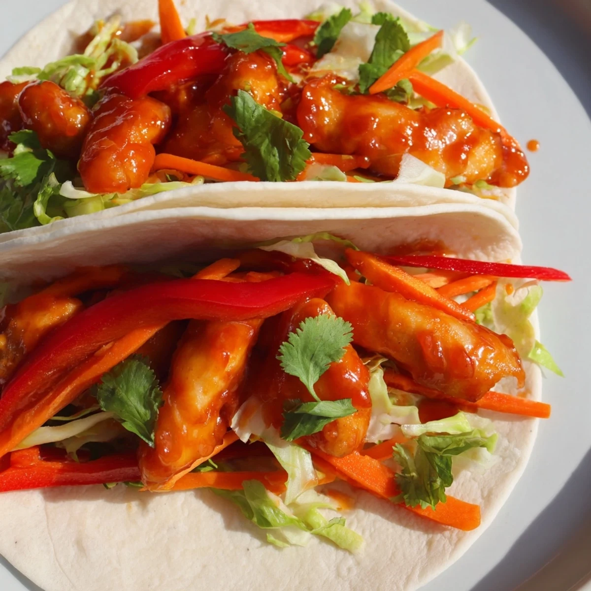 Stuffed Honey Sriracha Chicken Wrap resting on a plate, garnished with fresh cilantro and ready to serve with iced tea.