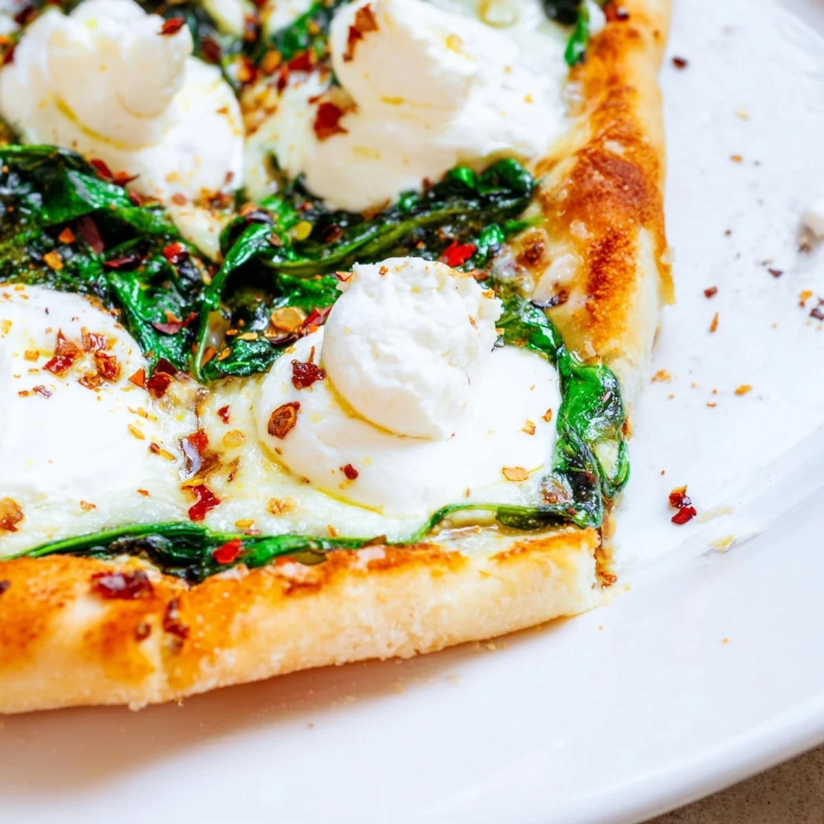 Golden-brown spinach ricotta pizza fresh from the oven, topped with creamy ricotta and sautéed spinach on a thin, crispy crust.
