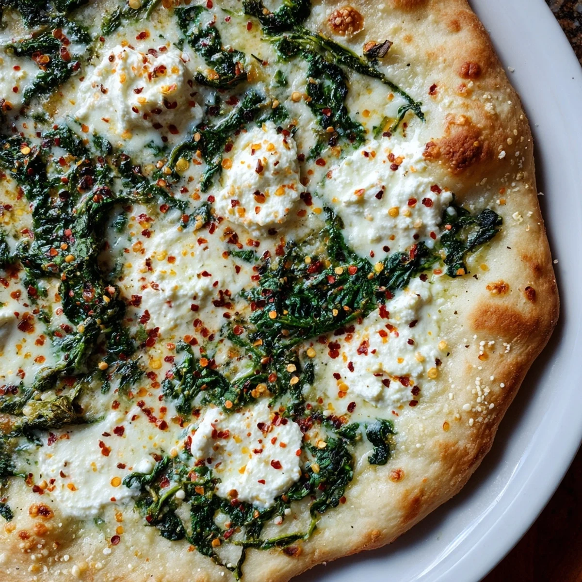 Slice of spinach ricotta pizza on a wooden board, garlic butter glistening and melted cheese stretching from a bite.