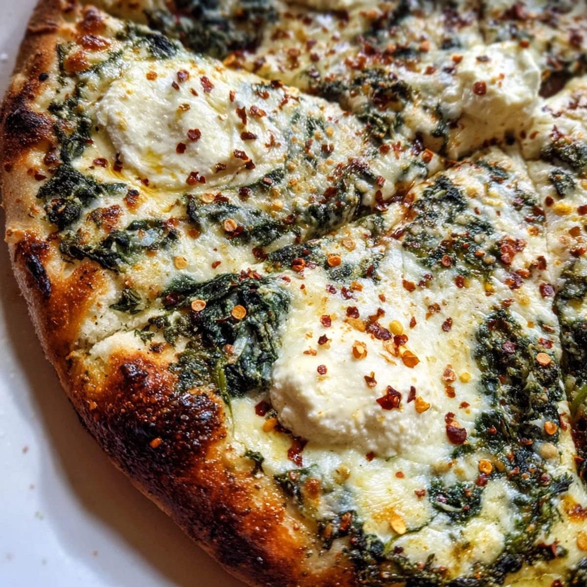 Freshly baked spinach ricotta pizza on a marble counter, garnished with parsley and red pepper flakes beside a green salad.