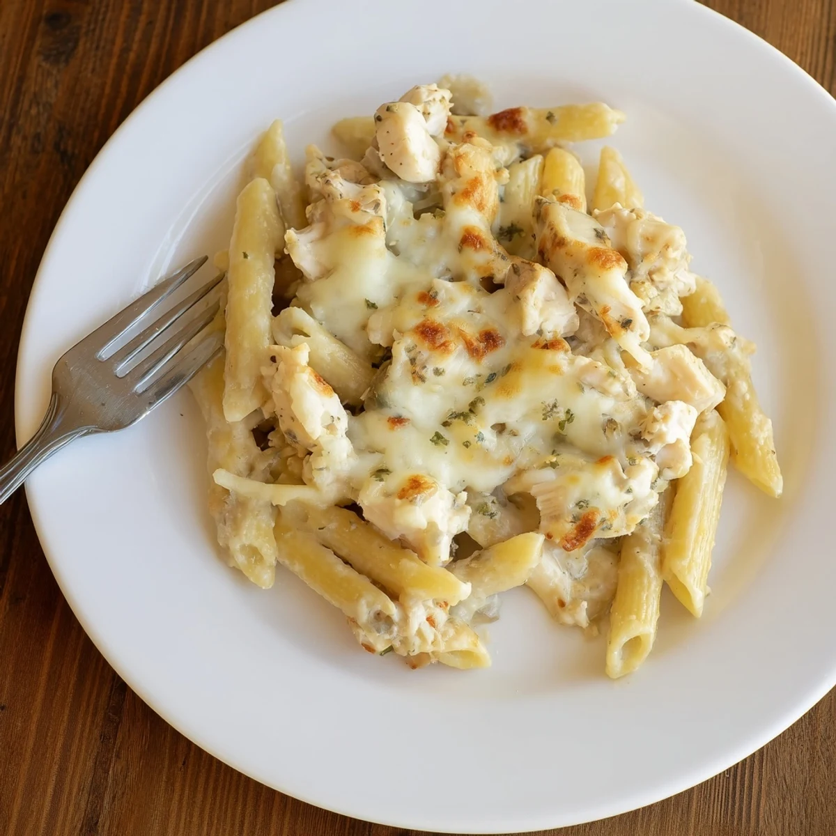 A close-up slice of Chicken Alfredo Casserole revealing tender chicken, silky Alfredo sauce, and gooey cheese in a creamy bake.