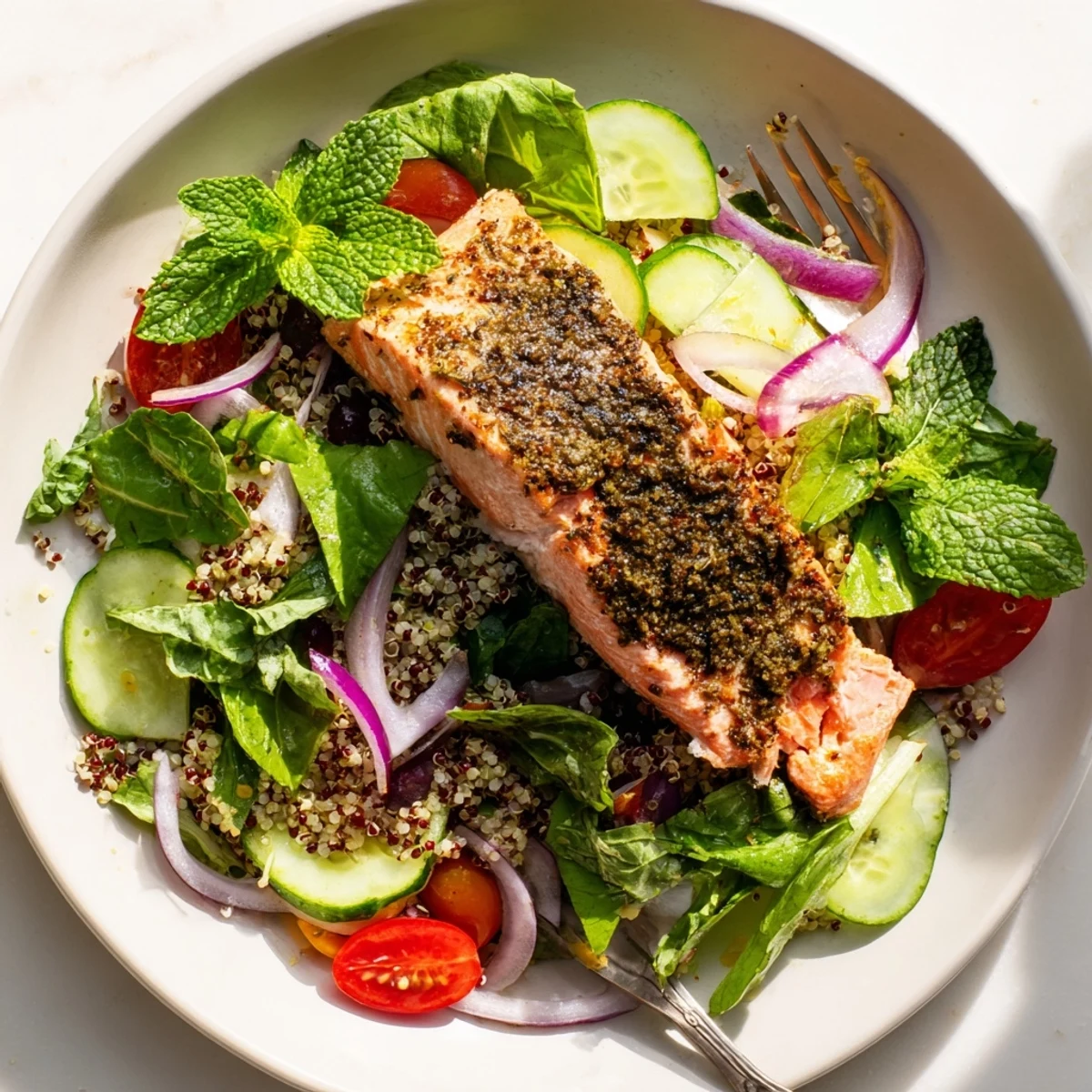 Flaky baked salmon fillet rests atop a vibrant quinoa salad with mixed greens, cherry tomatoes, cucumber, and fresh herbs, drizzled with a zesty lemon vinaigrette.