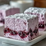 A glass bowl holds fluffy Black Currant Marshmallows, perfect for dropping into a steaming mug of rich hot cocoa.