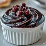 Silky Black Currant Panna Cotta with glossy berry glaze in a white ramekin, topped with fresh blackberries for a summer dessert. 