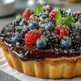 Freshly baked Black Currant Fruit Tart with a golden, flaky buttery crust sits on a rustic wooden table. The tart is filled with deep purple black currant curd and topped with glossy fresh berries, ready to slice.
