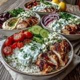 Bright Greek Chicken Bowls piled high with fresh vegetables and savory toppings.