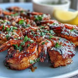 Plump, juicy grilled honey garlic shrimp skewers with char marks, perfect for summer.