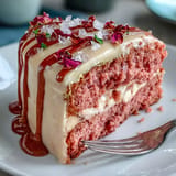 Rosé Velvet Cake, a festive dessert adorned with cascading edible gold.