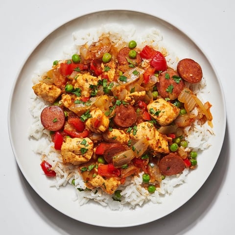 Golden, one-pot Chicken and Chorizo Rice Skillet, with vibrant vegetables and fragrant herbs, steam rising.