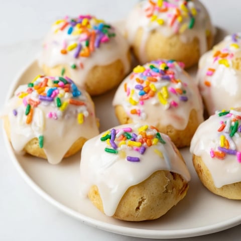 Golden-brown Quick Christmas Biscuit Bombs, fresh from the oven, drizzled with sweet glaze and sprinkles.