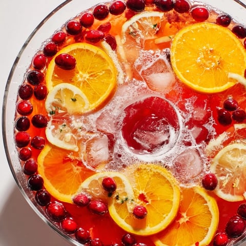 Vibrant Quick Holiday Punch with Ice Ring: a holiday beverage showcasing a floating ice ring, fruit slices visible.