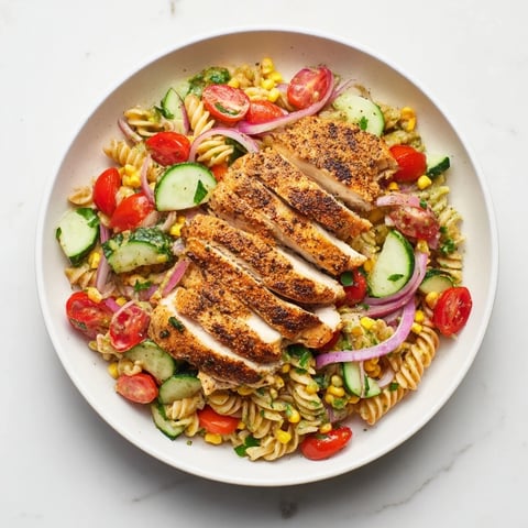 Creamy Peruvian Aji Verde Chicken Pasta Salad, bursting with vibrant vegetables and herby sauce.