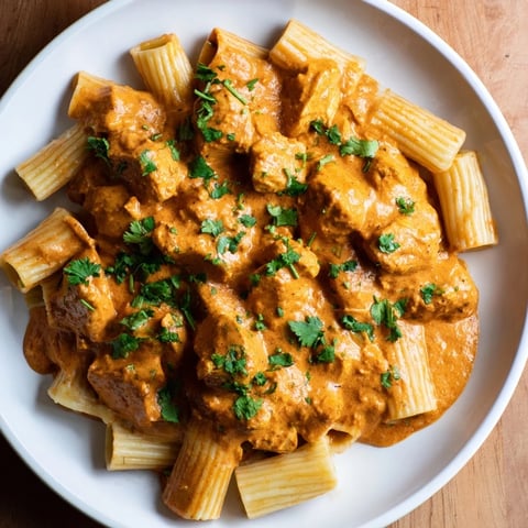 Creamy Chicken Tikka Masala Pasta: hear the sizzle of tender chicken in a luscious, fragrant sauce.