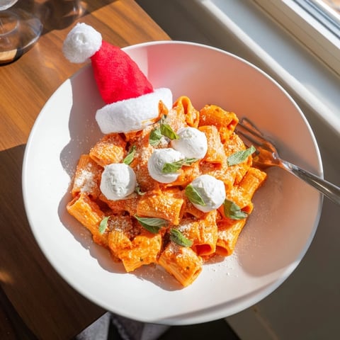 Creamy Roasted Red Pepper Santa Hat Pasta: a heartwarming plate of festive pasta with Santa hat ricotta.