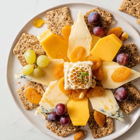 Radiant The Gilded Hive cheese board with hexagonal cheeses, crackers, and a sweet honeycomb centerpiece.