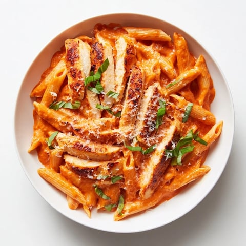 Creamy Tomato Basil Chicken Pasta glistening, plated, and topped with fresh basil and parmesan cheese.