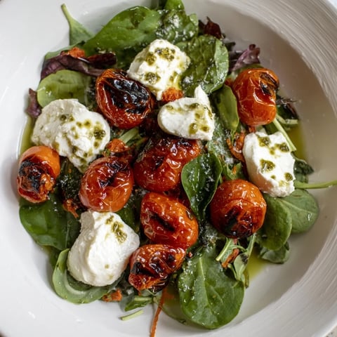 Vibrant Charred Tomato Salad with Burrata boasts blistered tomatoes, creamy cheese, and fresh basil.