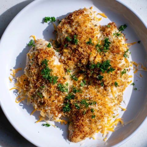 Golden, bubbly Cheesy Baked Chicken Breast, a comforting American dinner with melted cheese and breadcrumbs.