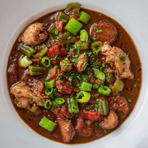 Steaming bowl of Gumbo Okra Soup with tender chicken and sausage; delicious Louisiana flavors.