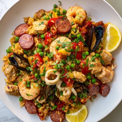 Saffron-infused Paella Spanish Rice, a colorful dish with seafood, chicken, and vegetables, steaming hot.