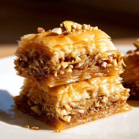 Golden-baked Turkish baklava glistens with sweet syrup, beautifully layered with chopped nuts and phyllo.