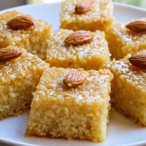 Golden brown squares of Egyptian Basbousa coconut cake, soaked in syrup and topped with almonds.