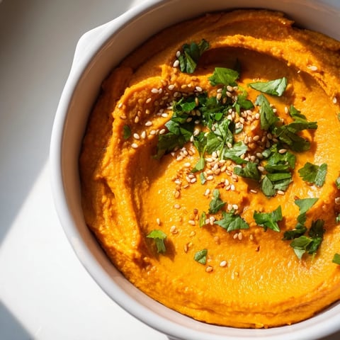Bright orange Carrot Ginger Dip in a white bowl, topped with fresh cilantro and sesame seeds for a vibrant appetizer.
