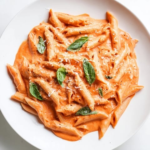 Steaming bowl of Roasted Red Pepper Pasta with a vibrant orange creamy sauce.
