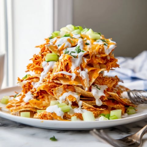 Buffalo Chicken Nachos piled high with melted cheese and drizzled ranch dressing, served on a baking sheet.