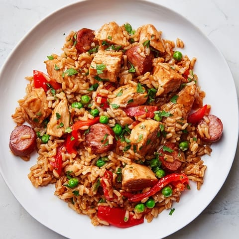 A sizzling skillet showcasing a delicious One-Pot Chicken and Chorizo Rice Skillet, ready for serving.
