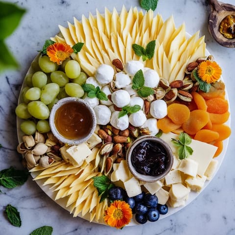 Elegant Daffodil Cheese Board presentation: a visually stunning appetizer featuring cheese, fresh fruit, and nuts.