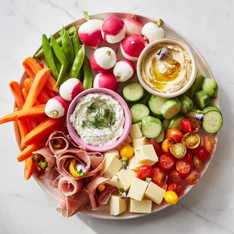 Vibrant Spring Wreath Appetizer Platter, overflowing with colorful veggies, cheeses, and dips for sharing.