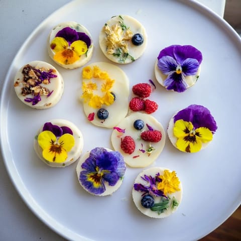 Delicate Spring Flower Dessert Tray, featuring shortbread cookies and mini cakes with vibrant edible flowers.