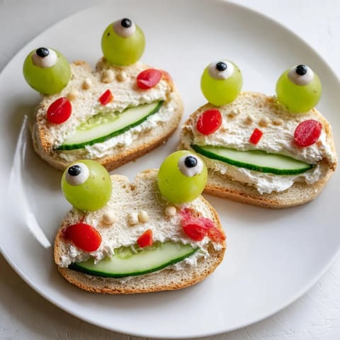 Festive Prince Charming Froggy Sandwiches shaped sandwiches: a fun, colorful snack with cucumber filling.