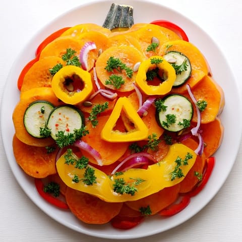 See this colorful Halloween Plate filled with roasted pumpkin, peppers, onions, and zucchini, bursting with flavor.