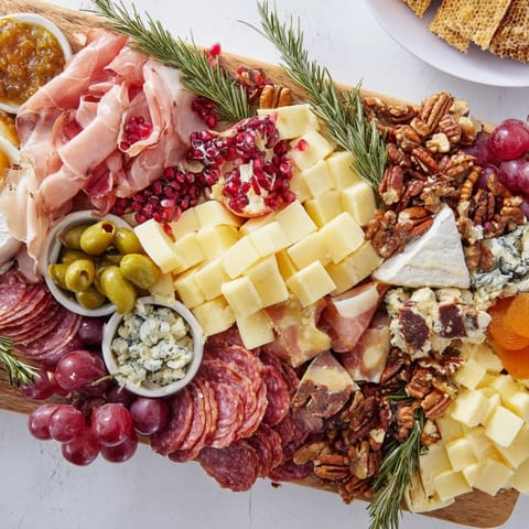 An inviting aerial view of a delicious Winter Forest Meat and Cheese Charcuterie Scene, ready to serve.