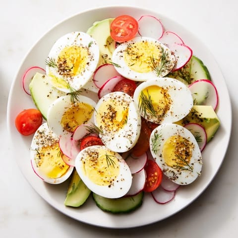 Crisp, sliced hard-boiled eggs generously sprinkled with everything bagel seasoning on a sharing brunch platter.