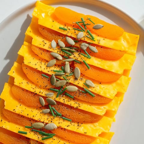 A close-up view of the delicious Serengeti Sunset, showcasing apricot and Gouda bands with chive garnish.