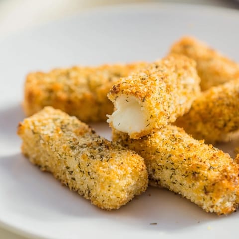 Crispy air fryer mozzarella sticks, coated in seasoned breadcrumbs, ready for dipping and enjoying.