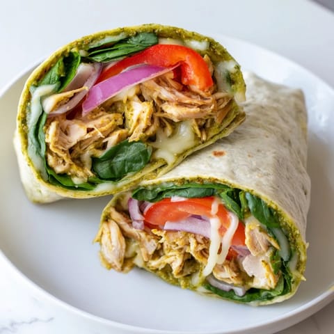 A close-up of a delicious pesto chicken wrap, featuring warm, flavorful chicken and fresh vegetables.