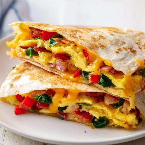 Enjoy a cheesy, folded Breakfast Quesadilla, filled with bacon and veggies, cooked until crispy on the outside.