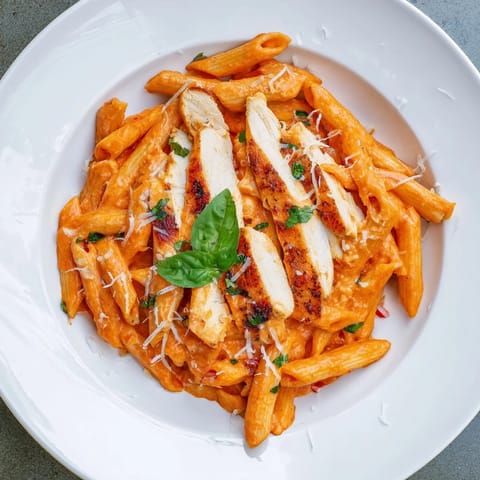 A comforting bowl of Creamy Tomato Basil Chicken Pasta with tender chicken and rich sauce, ready to eat.
