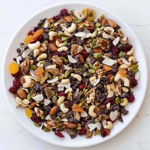 Colorful Trail Mix Custom blend of walnuts, pumpkin seeds, dried apricots, and raisins ready for on-the-go snacking in a jar.